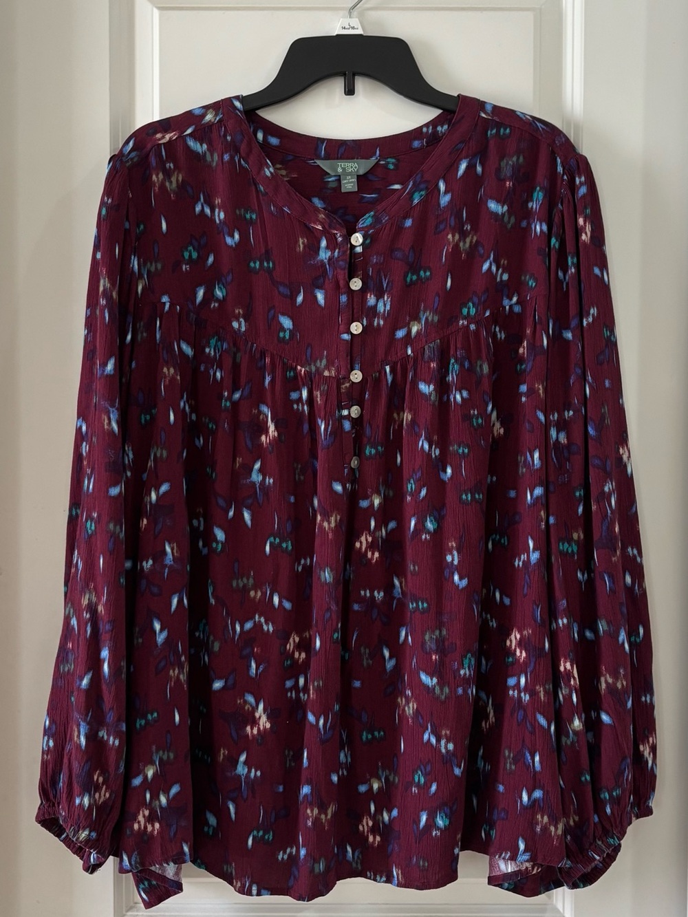 Terra & Sky Burgundy Floral Button-Front Peasant Blouse